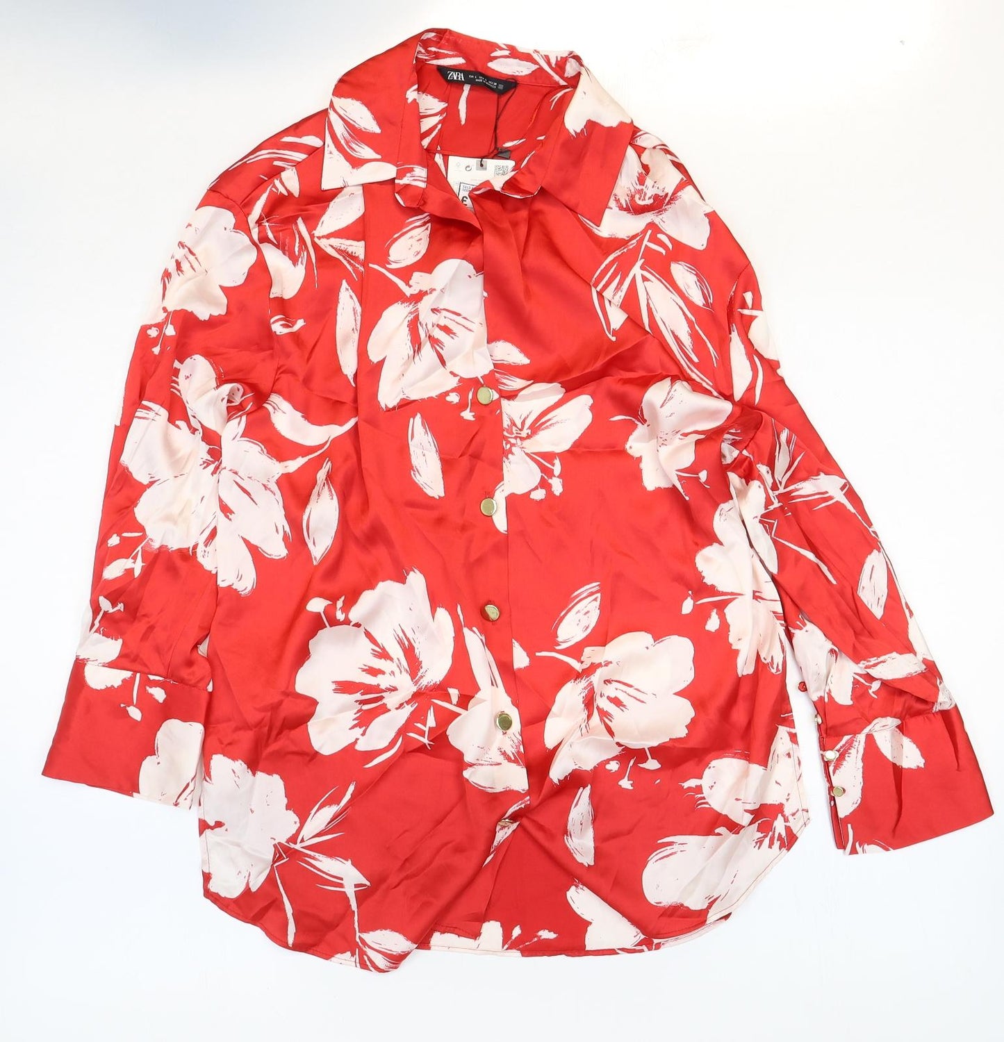 Zara Womens Red Floral Polyester Basic Button-Up Size L Collared