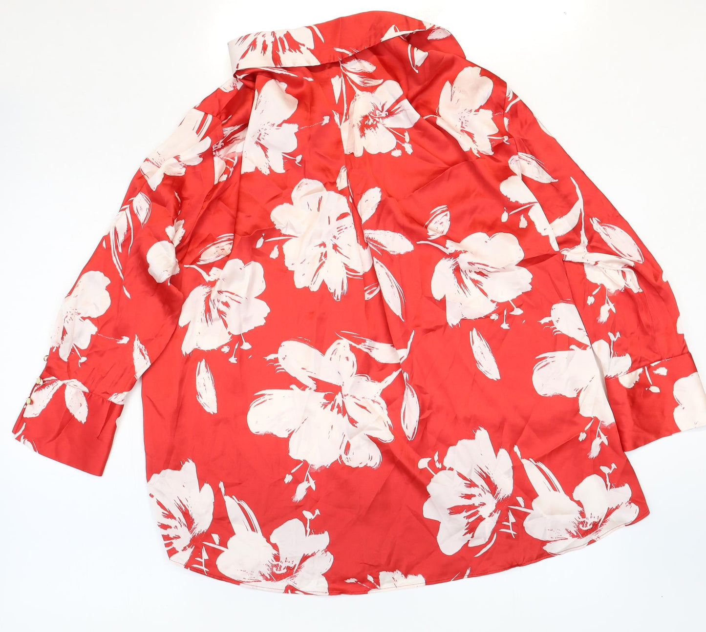 Zara Womens Red Floral Polyester Basic Button-Up Size L Collared