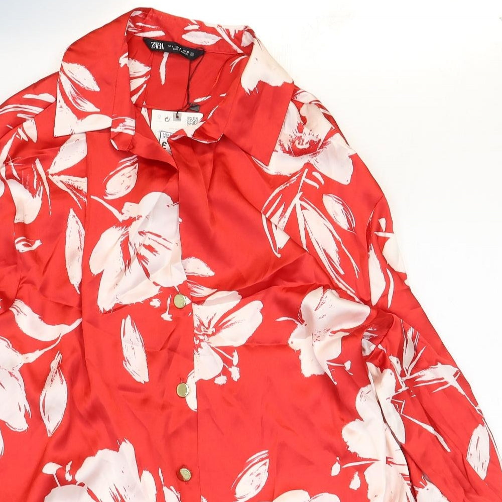 Zara Womens Red Floral Polyester Basic Button-Up Size L Collared