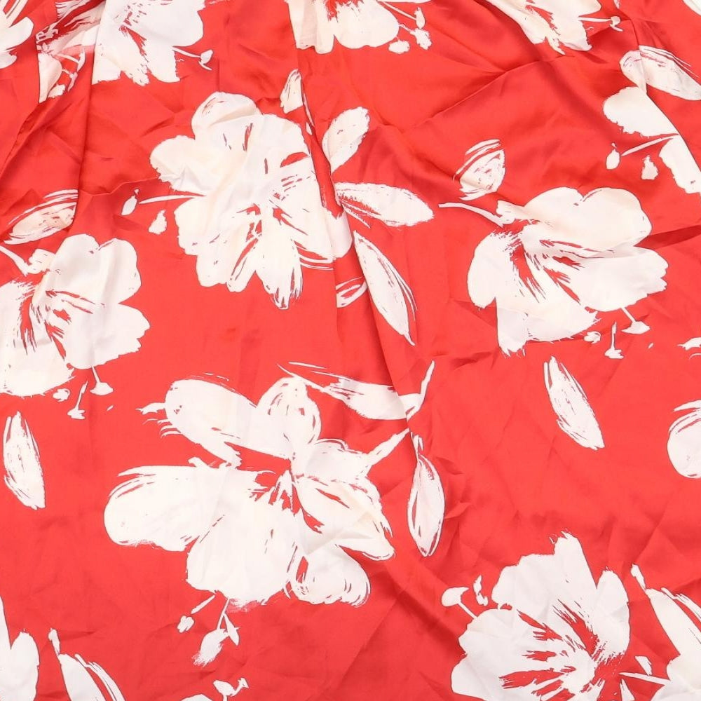 Zara Womens Red Floral Polyester Basic Button-Up Size L Collared