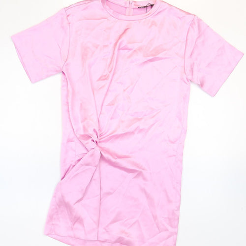 Zara Womens Pink Polyester T-Shirt Dress Size S Crew Neck Zip - Twist Detail