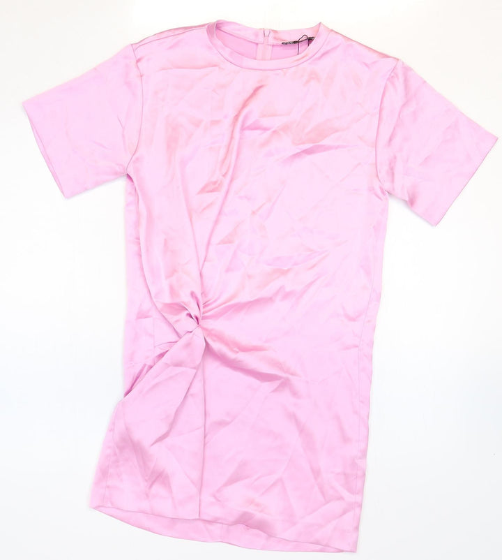 Zara Womens Pink Polyester T-Shirt Dress Size S Crew Neck Zip - Twist Detail