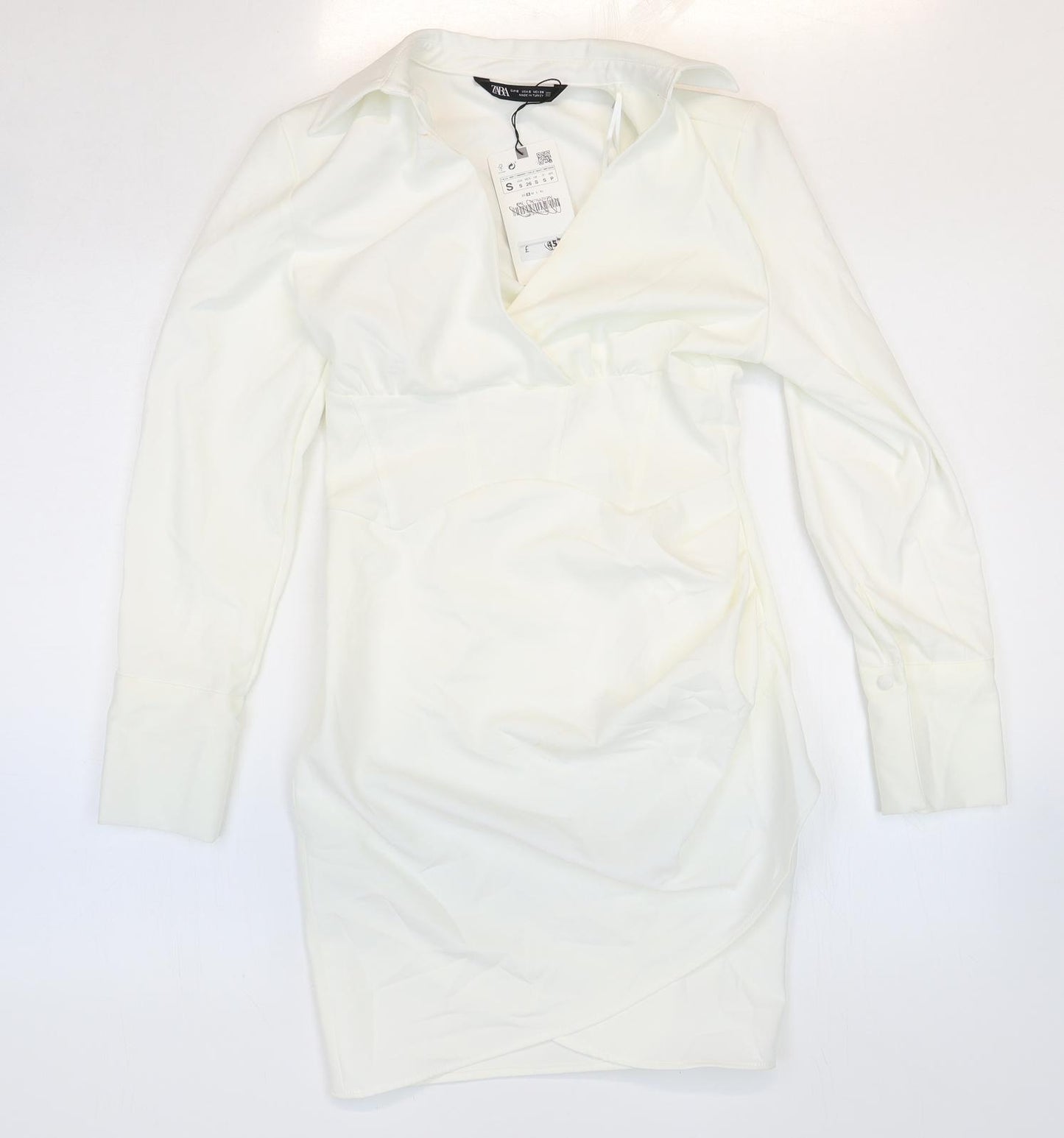 Zara Womens White Polyester Shirt Dress Size S Collared Zip