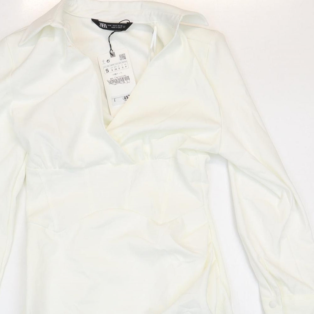 Zara Womens White Polyester Shirt Dress Size S Collared Zip