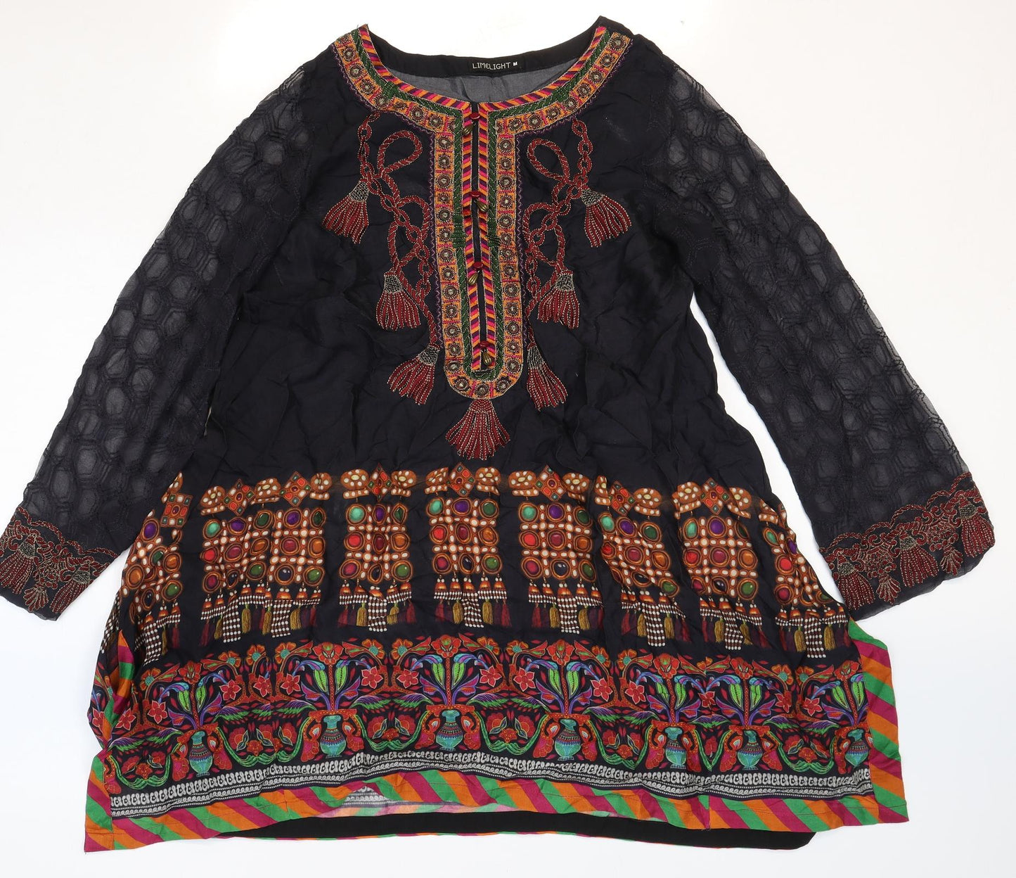 LINELIGHT Womens Black Geometric Polyester A-Line Size M Round Neck