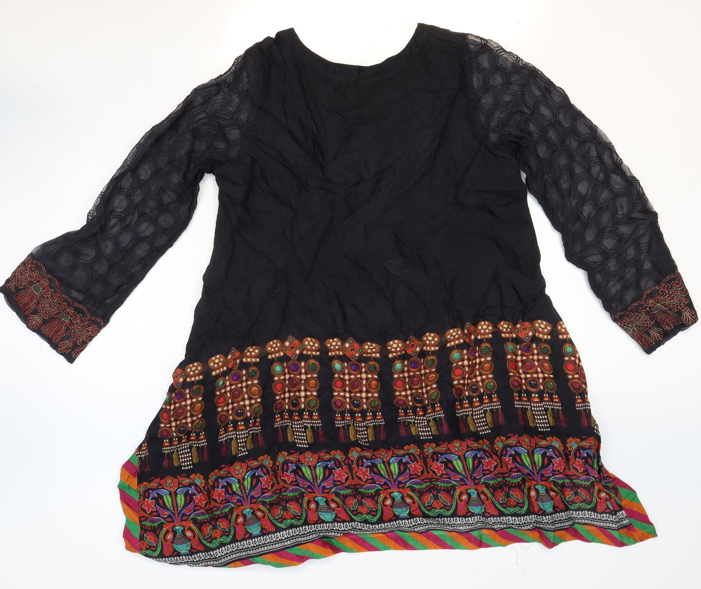 LINELIGHT Womens Black Geometric Polyester A-Line Size M Round Neck