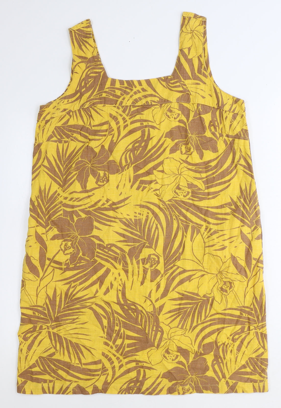 NEXT Womens Yellow Floral Linen Tank Dress Size 16 Square Neck Pullover