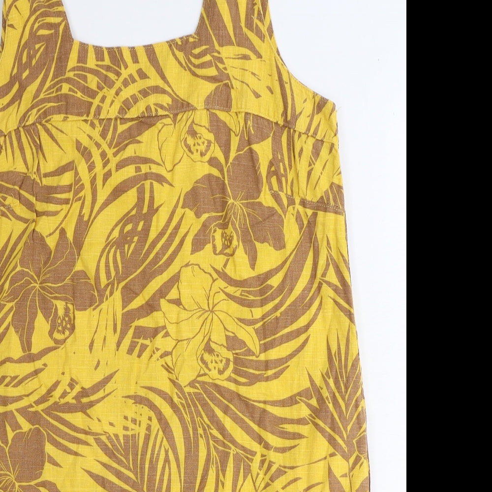 NEXT Womens Yellow Floral Linen Tank Dress Size 16 Square Neck Pullover