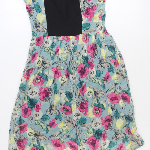 ASOS Womens Blue Floral Viscose A-Line Size 8 Scoop Neck Zip