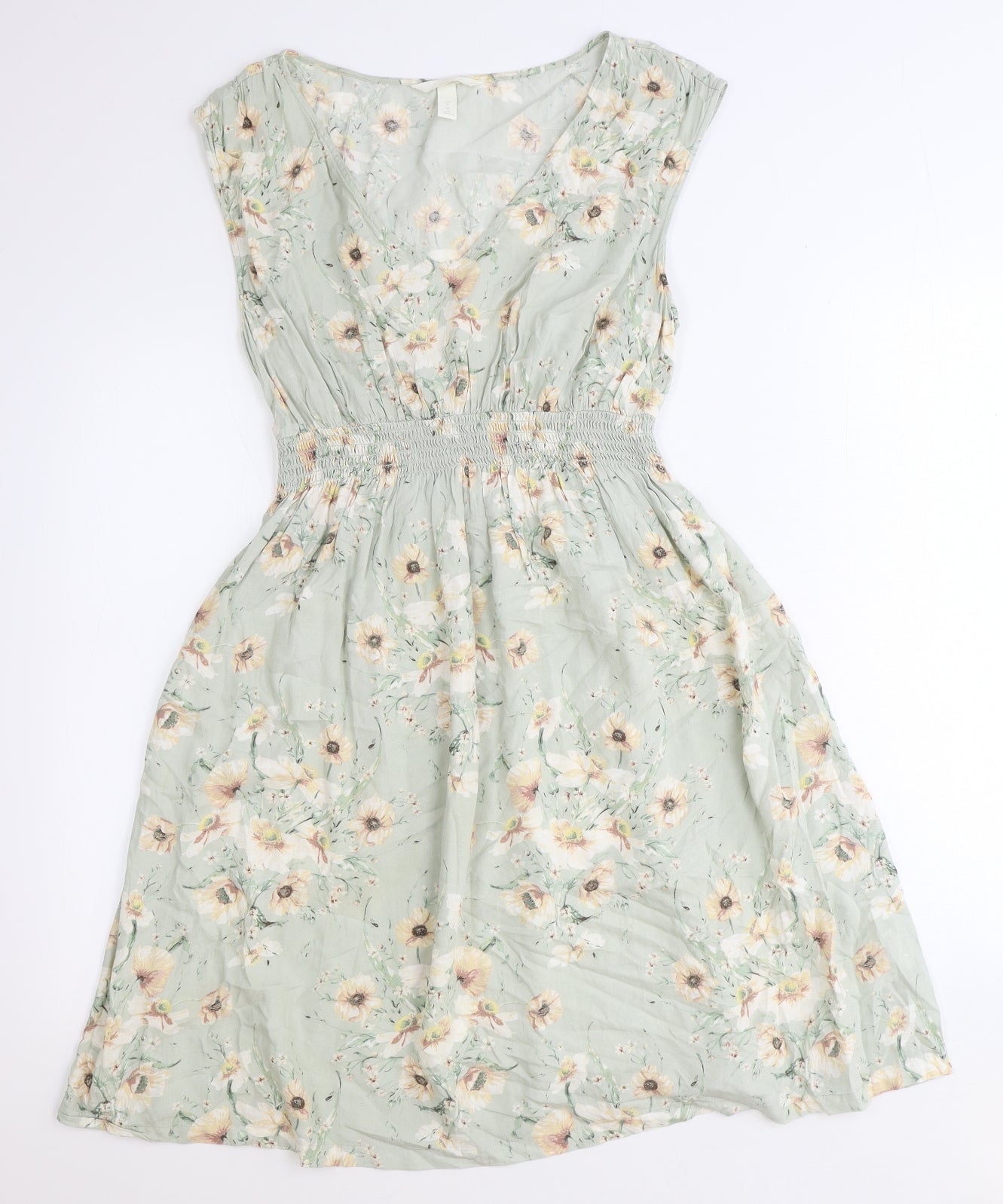 H&M Womens Green Floral Viscose Fit & Flare Size M V-Neck Pullover