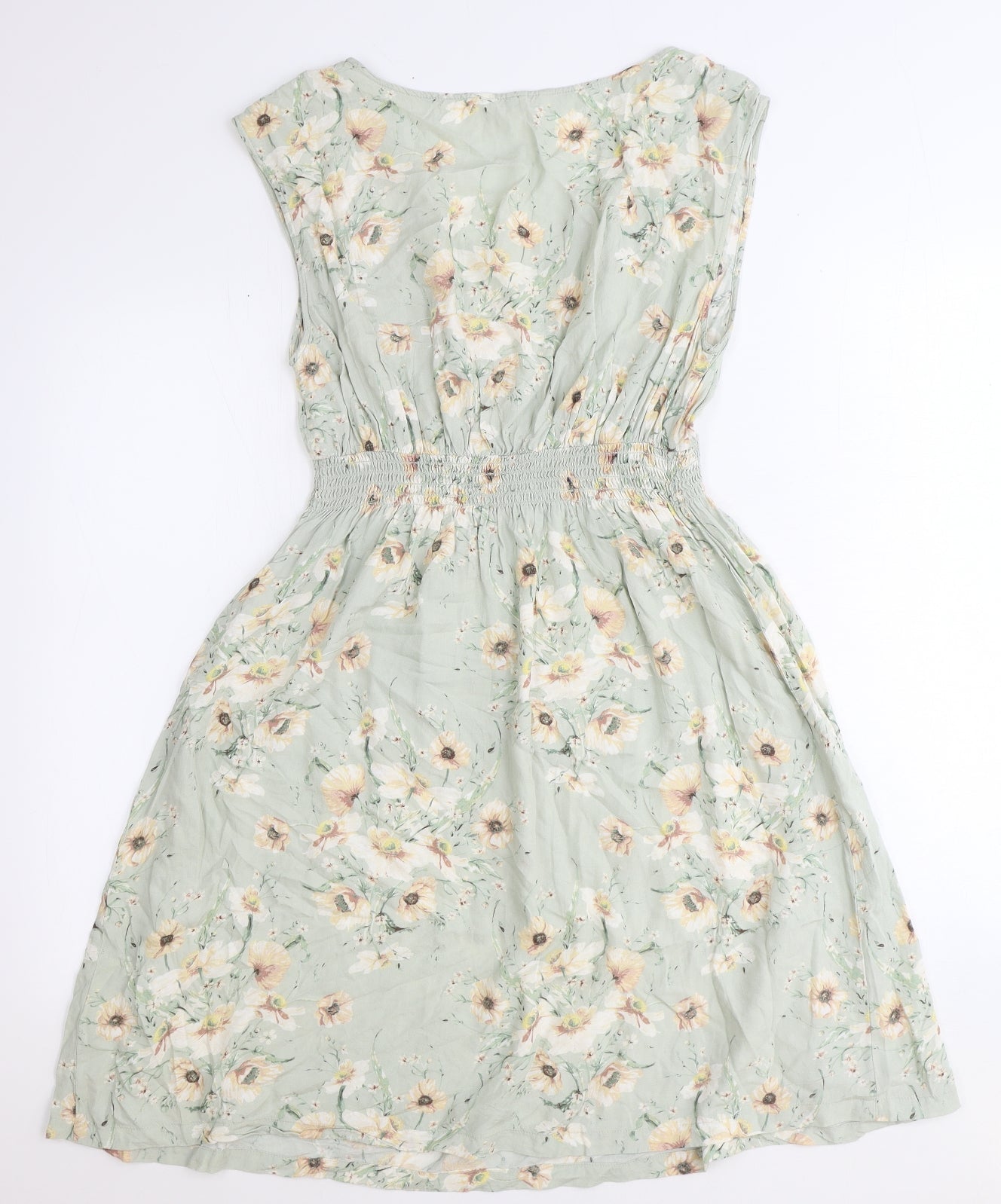 H&M Womens Green Floral Viscose Fit & Flare Size M V-Neck Pullover