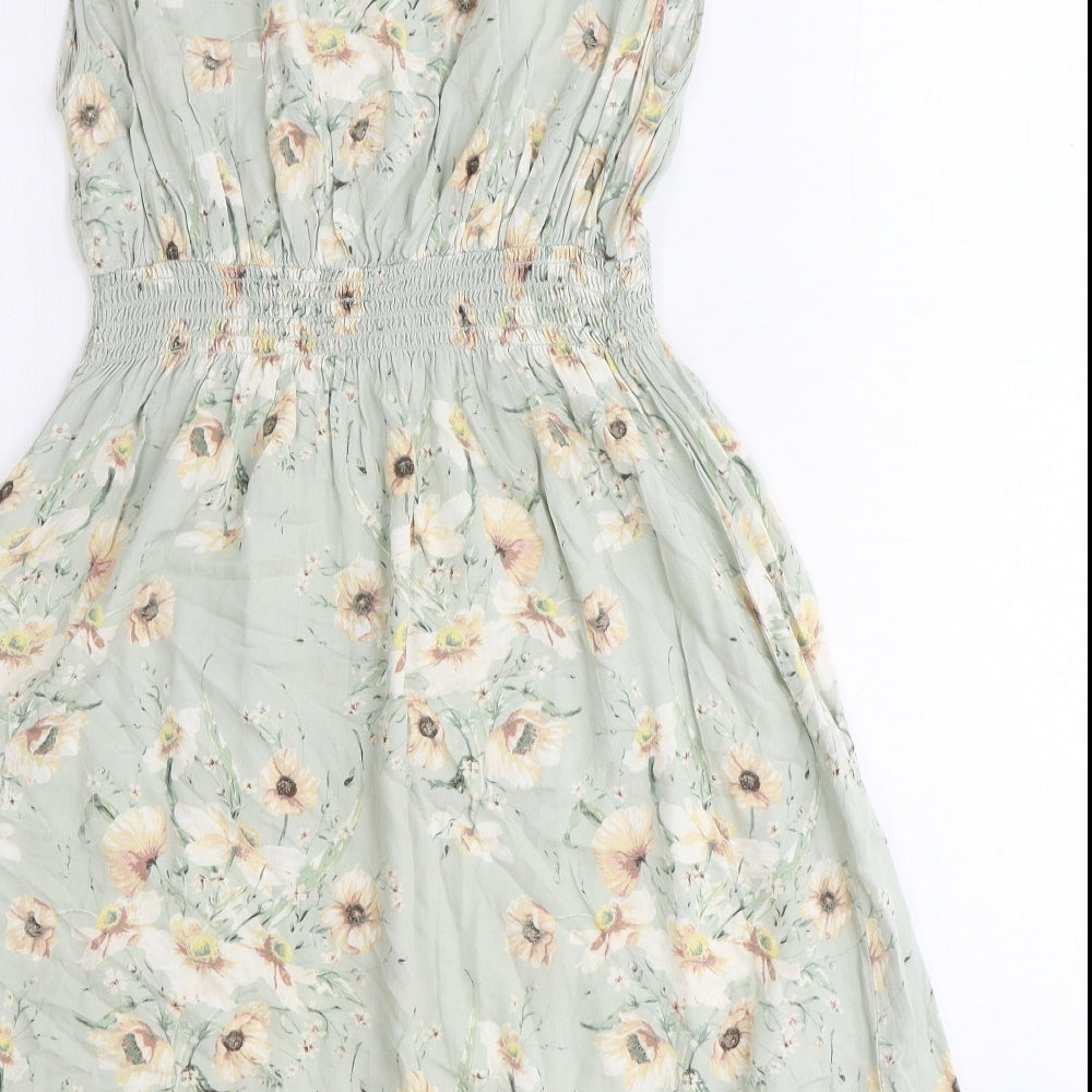 H&M Womens Green Floral Viscose Fit & Flare Size M V-Neck Pullover