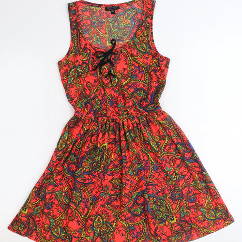 Topshop Womens Orange Paisley Polyester Fit & Flare Size 8 Scoop Neck Tie