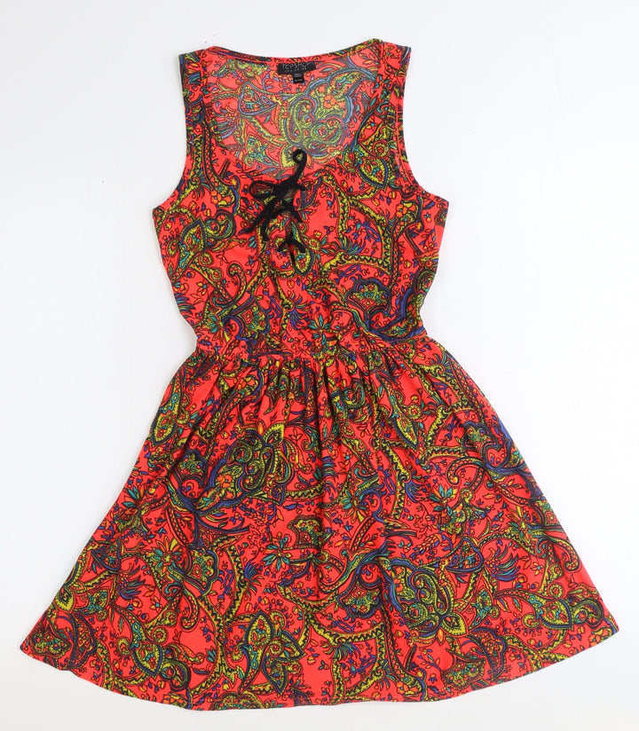 Topshop Womens Orange Paisley Polyester Fit & Flare Size 8 Scoop Neck Tie