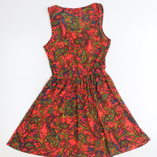 Topshop Womens Orange Paisley Polyester Fit & Flare Size 8 Scoop Neck Tie