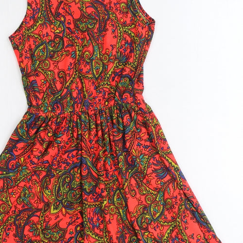 Topshop Womens Orange Paisley Polyester Fit & Flare Size 8 Scoop Neck Tie