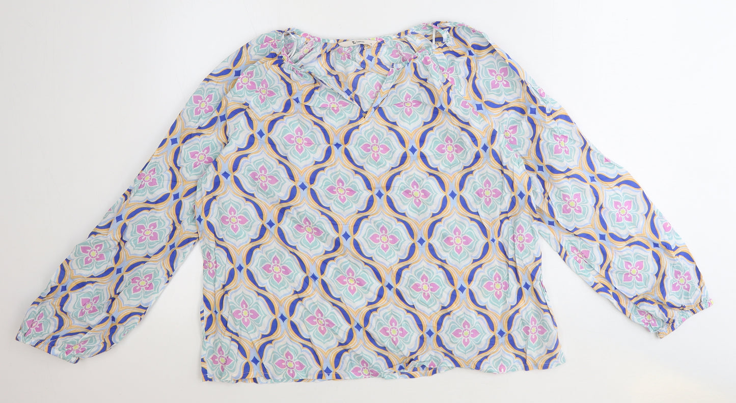 TU Womens Blue Geometric 100% Cotton Basic Blouse Size 12 Round Neck