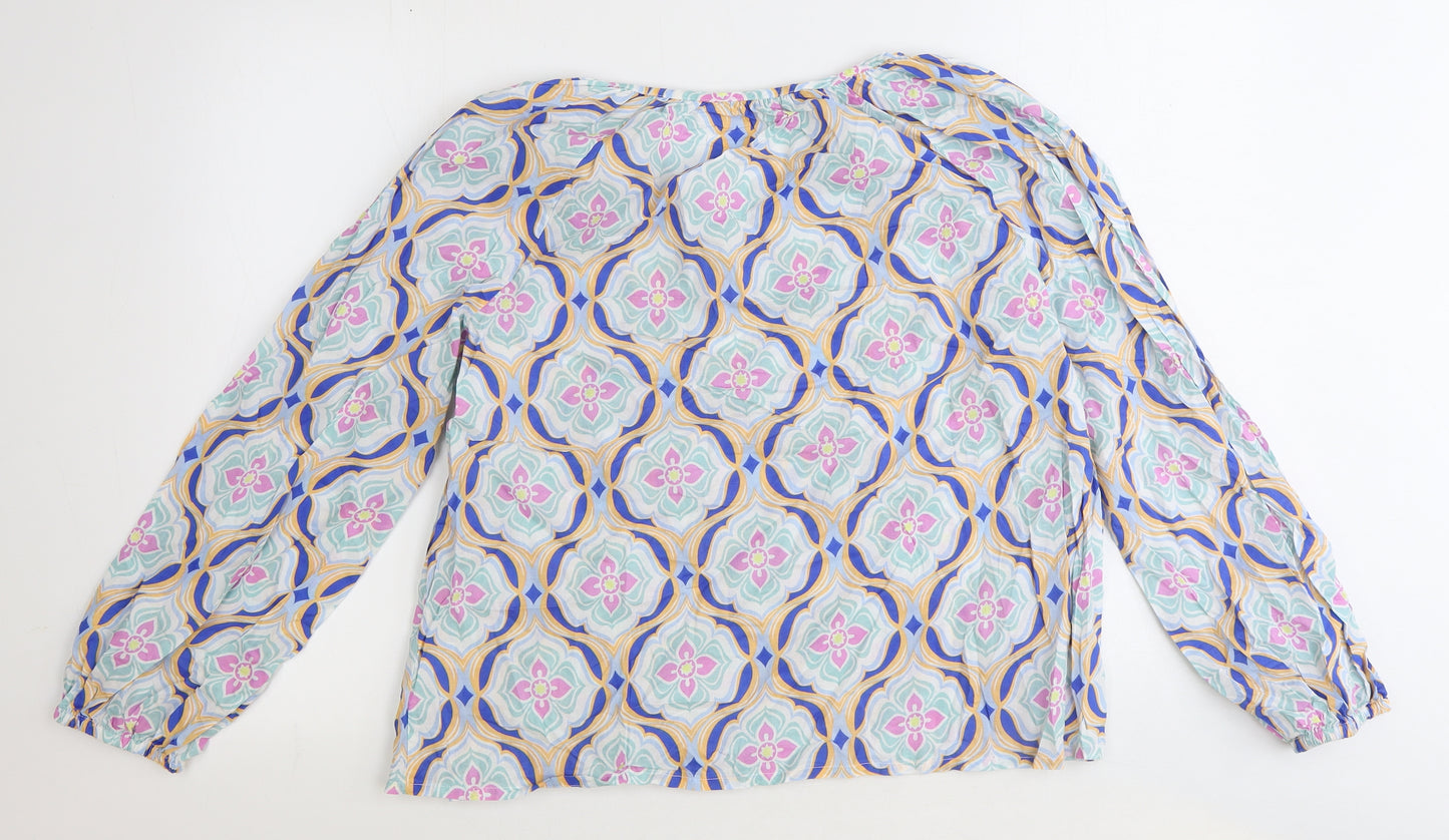 TU Womens Blue Geometric 100% Cotton Basic Blouse Size 12 Round Neck