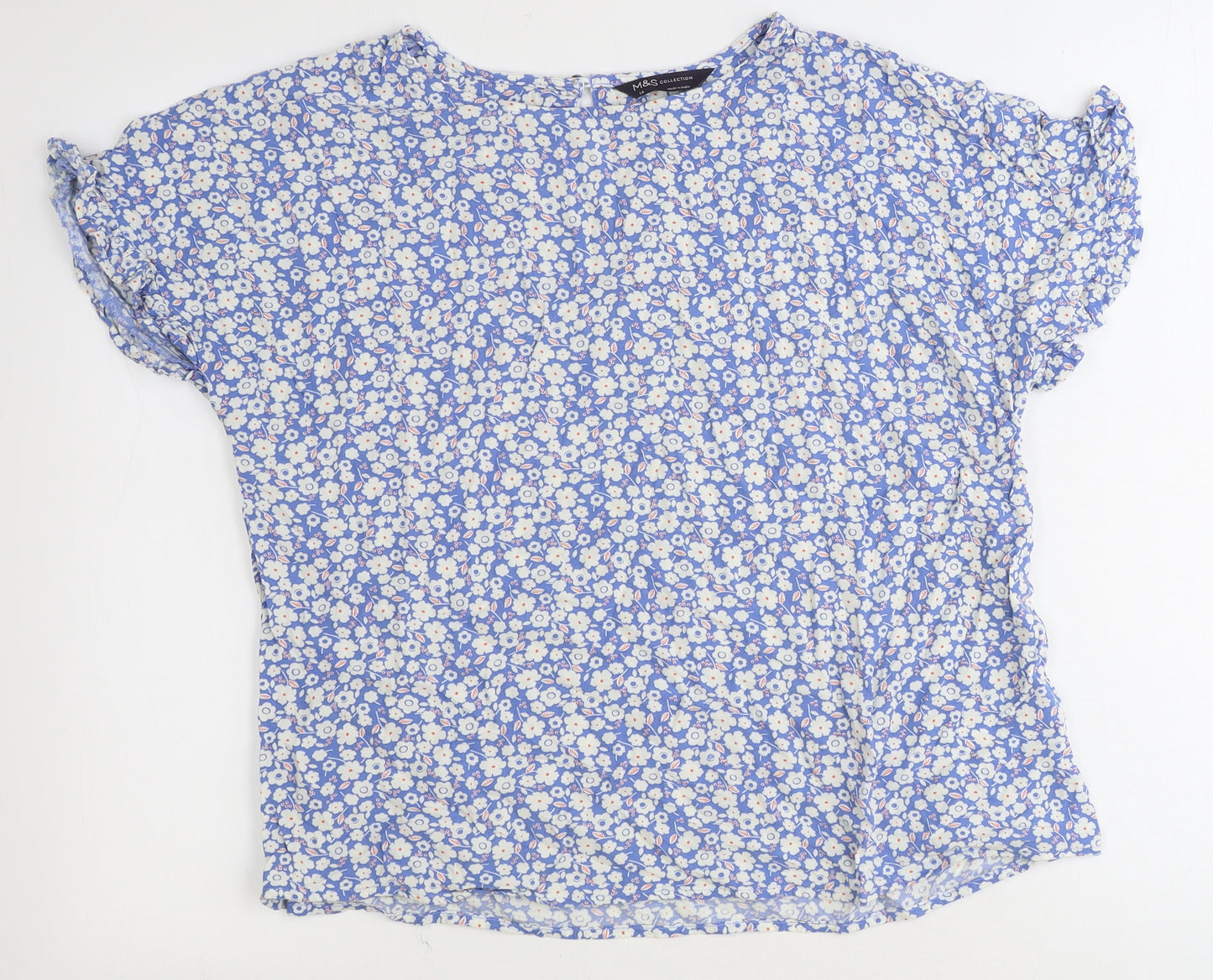 Marks and Spencer Womens Blue Floral Viscose Basic T-Shirt Size 14 Round Neck