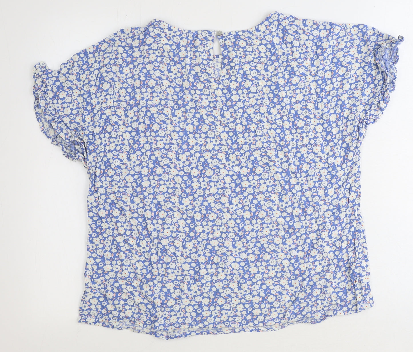 Marks and Spencer Womens Blue Floral Viscose Basic T-Shirt Size 14 Round Neck