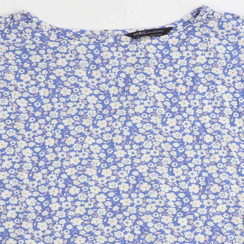 Marks and Spencer Womens Blue Floral Viscose Basic T-Shirt Size 14 Round Neck