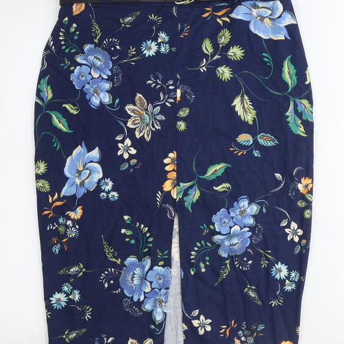 River Island Womens Blue Floral Cotton Straight & Pencil Skirt Size 12 Zip - Belt Inlcuded