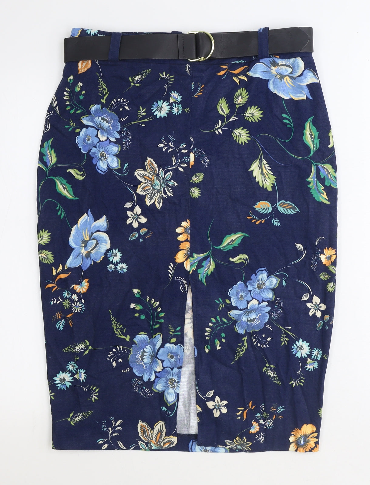 River Island Womens Blue Floral Cotton Straight & Pencil Skirt Size 12 Zip - Belt Inlcuded