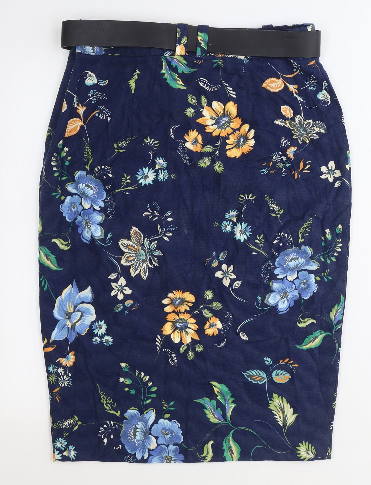 River Island Womens Blue Floral Cotton Straight & Pencil Skirt Size 12 Zip - Belt Inlcuded
