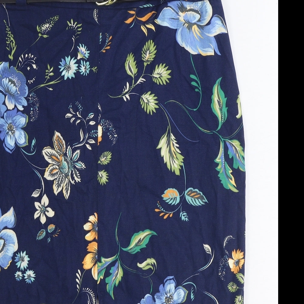 River Island Womens Blue Floral Cotton Straight & Pencil Skirt Size 12 Zip - Belt Inlcuded