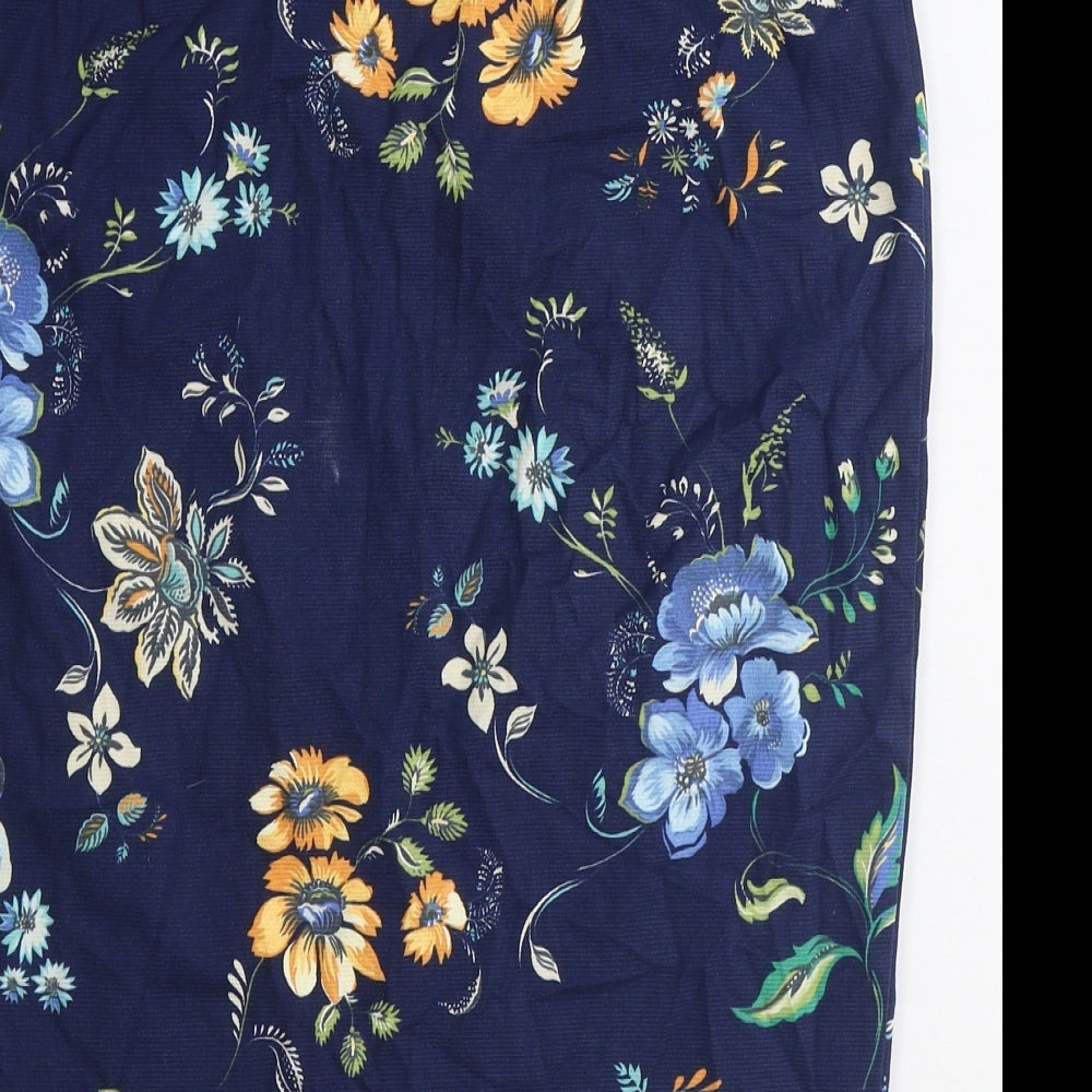River Island Womens Blue Floral Cotton Straight & Pencil Skirt Size 12 Zip - Belt Inlcuded