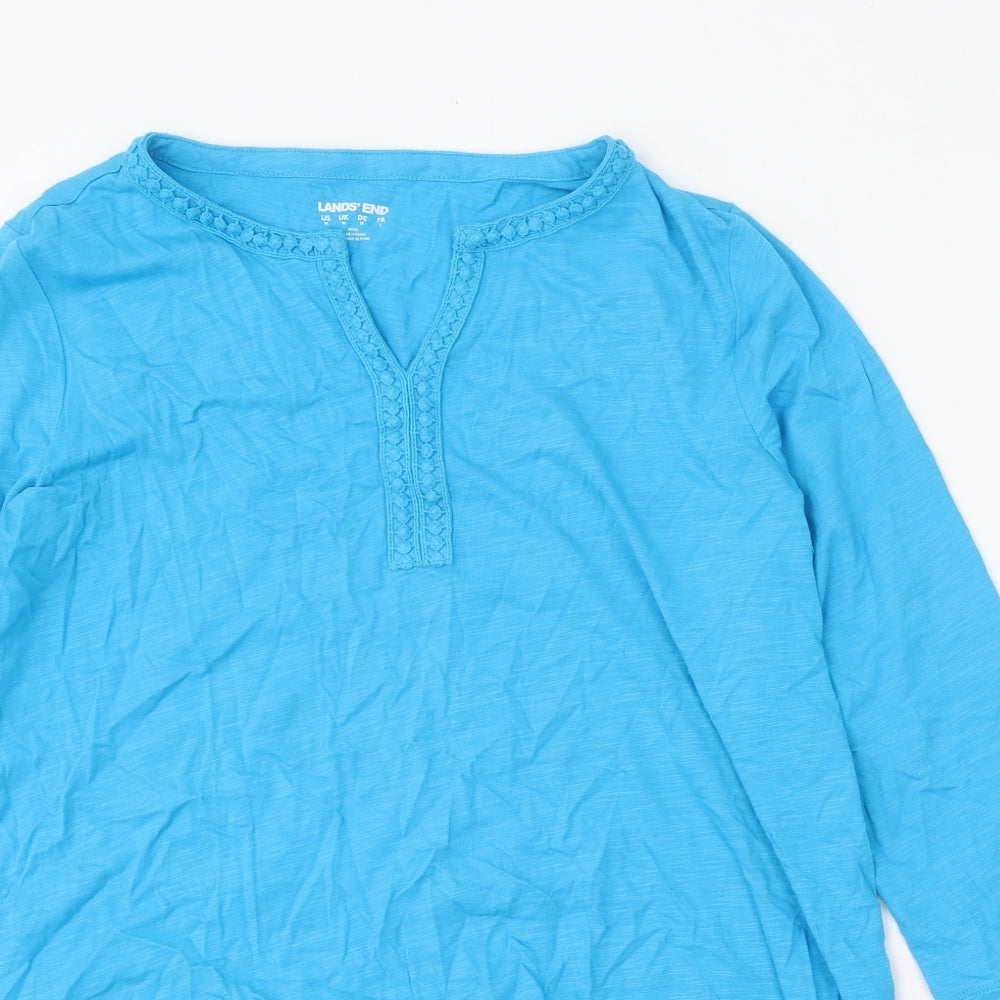 Lands' End Womens Blue Cotton Basic Blouse Size M V-Neck