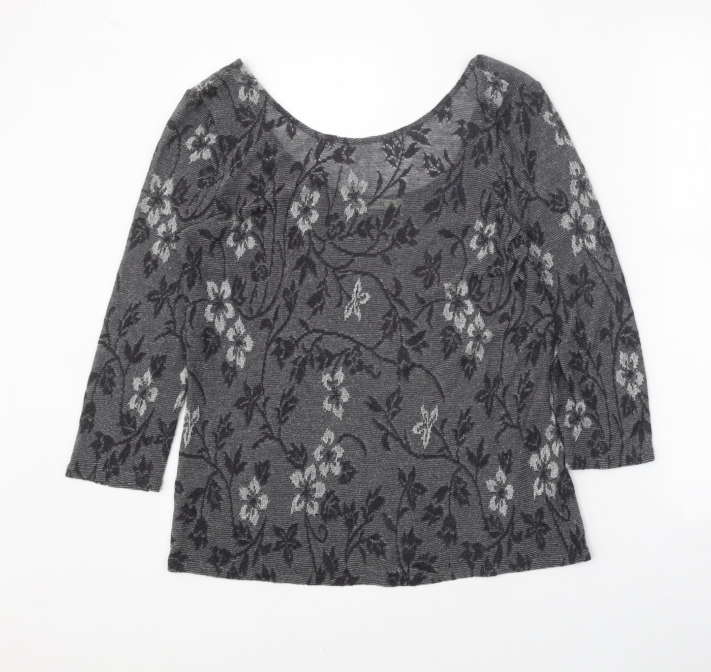Oasis Womens Grey Floral Acrylic Basic T-Shirt Size M Round Neck