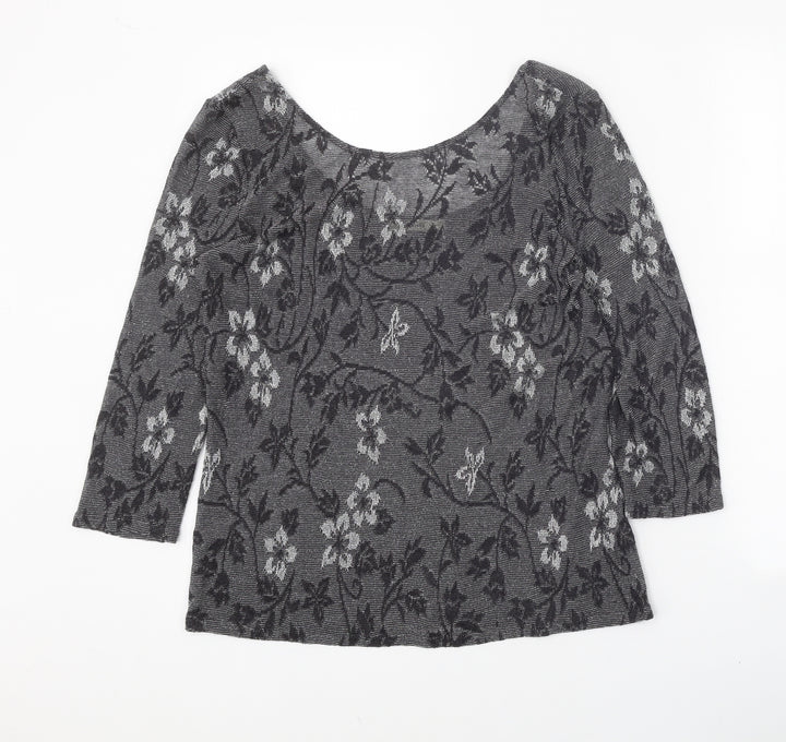 Oasis Womens Grey Floral Acrylic Basic T-Shirt Size M Round Neck