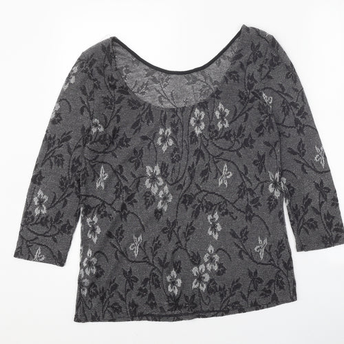 Oasis Womens Grey Floral Acrylic Basic T-Shirt Size M Round Neck
