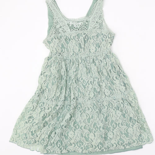 New Look Womens Green Cotton Skater Dress Size 8 Scoop Neck Pullover