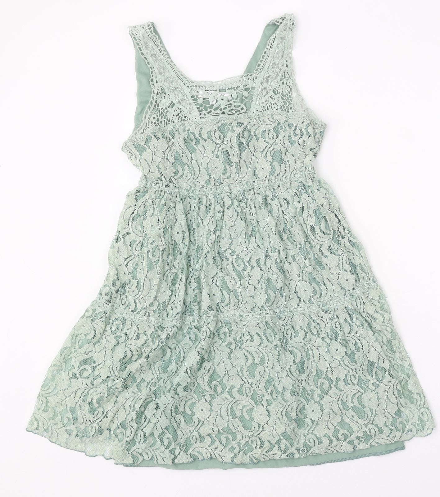 New Look Womens Green Cotton Skater Dress Size 8 Scoop Neck Pullover