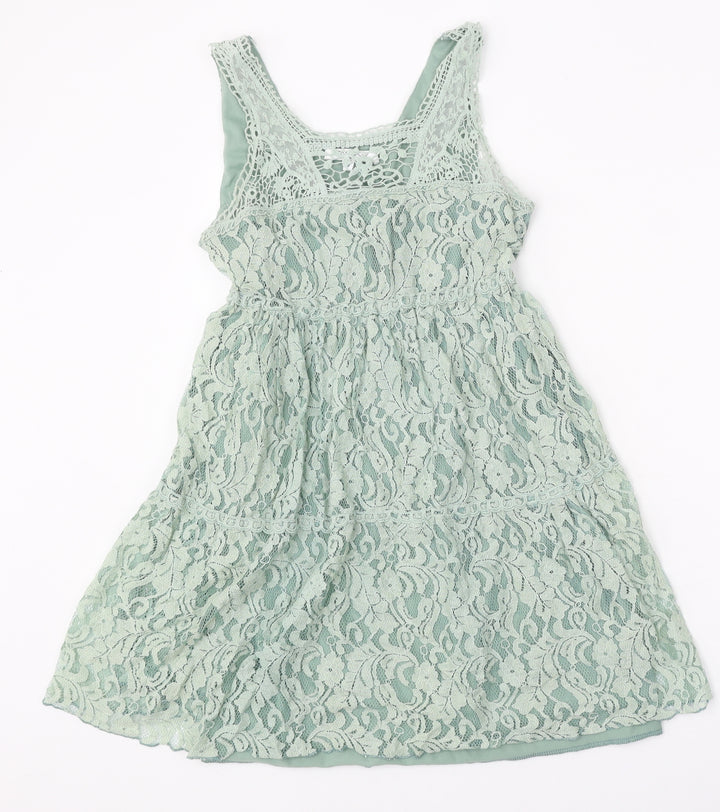 New Look Womens Green Cotton Skater Dress Size 8 Scoop Neck Pullover