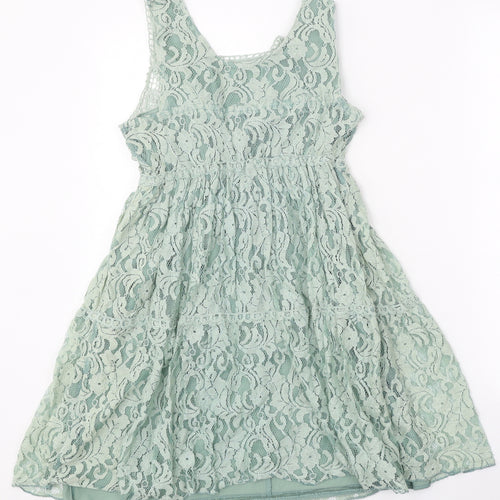 New Look Womens Green Cotton Skater Dress Size 8 Scoop Neck Pullover