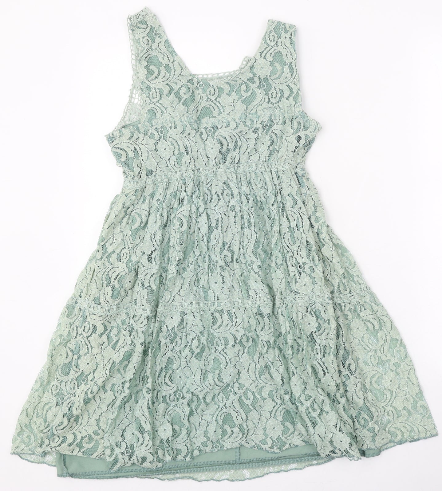 New Look Womens Green Cotton Skater Dress Size 8 Scoop Neck Pullover