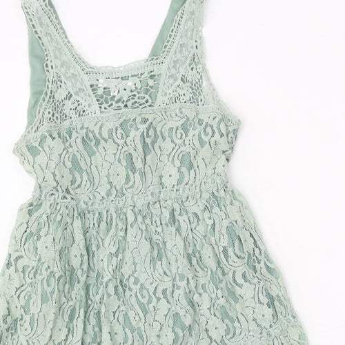 New Look Womens Green Cotton Skater Dress Size 8 Scoop Neck Pullover
