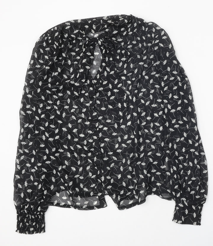 Atmosphere Womens Black Geometric Polyester Basic Button-Up Size 10 V-Neck