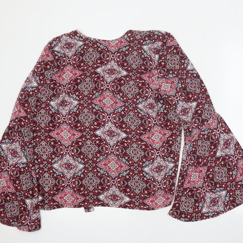 Primark Womens Red Geometric Polyester Basic Blouse Size 12 Boat Neck - Bell Sleeve
