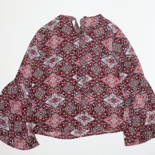 Primark Womens Red Geometric Polyester Basic Blouse Size 12 Boat Neck - Bell Sleeve