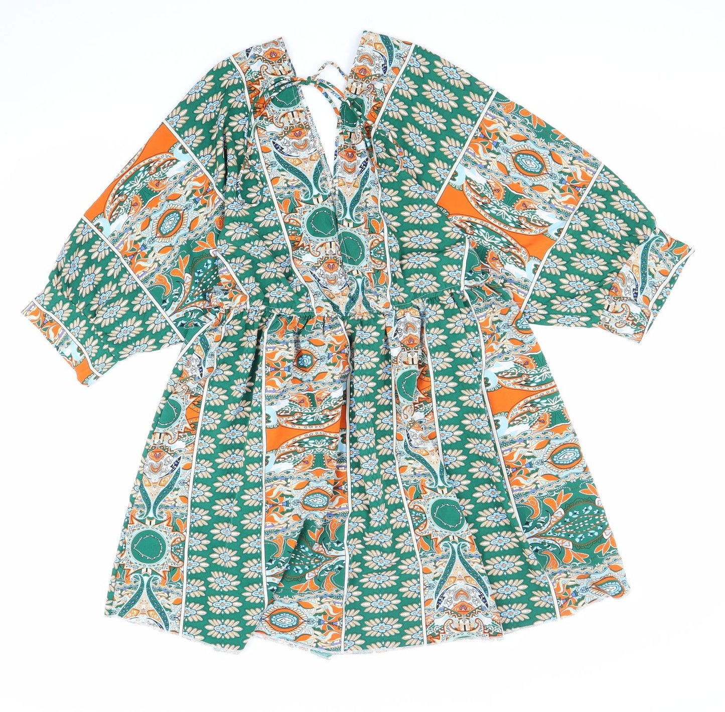 SheIn Womens Green Geometric Polyester Fit & Flare Size L V-Neck Pullover