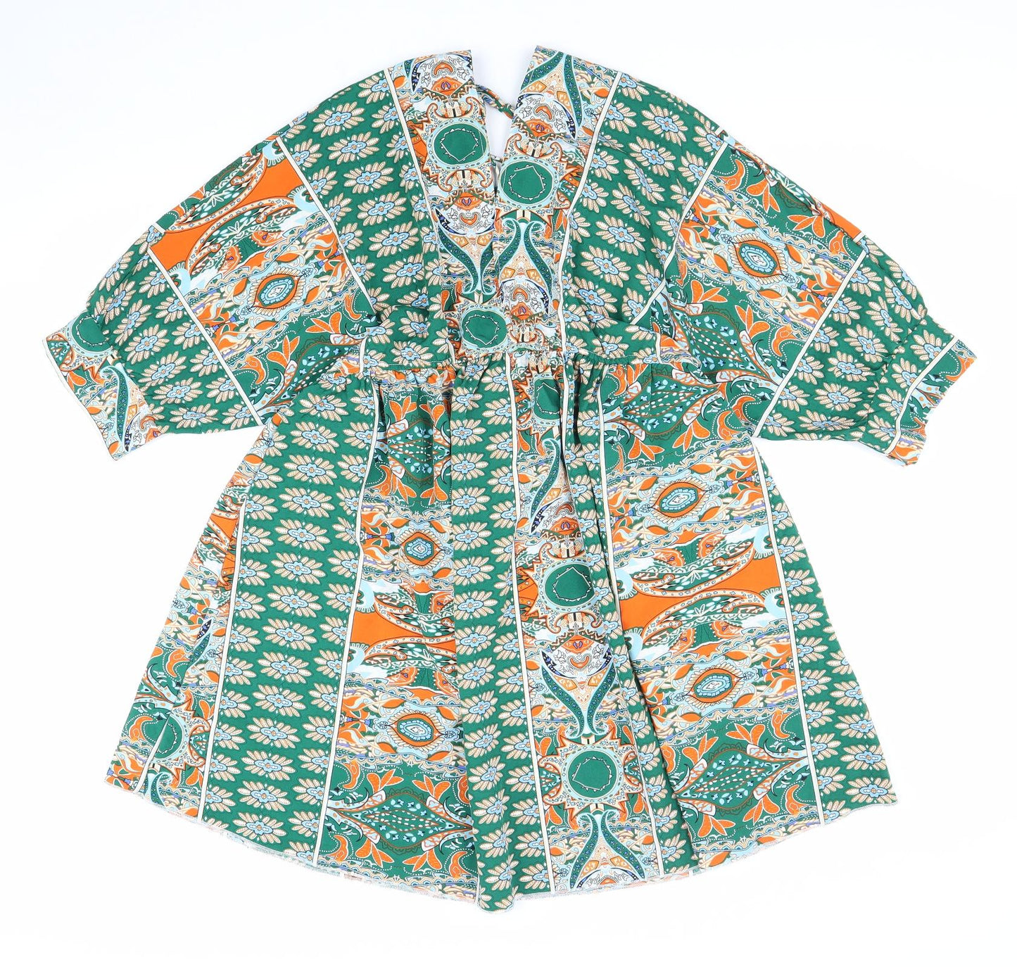 SheIn Womens Green Geometric Polyester Fit & Flare Size L V-Neck Pullover