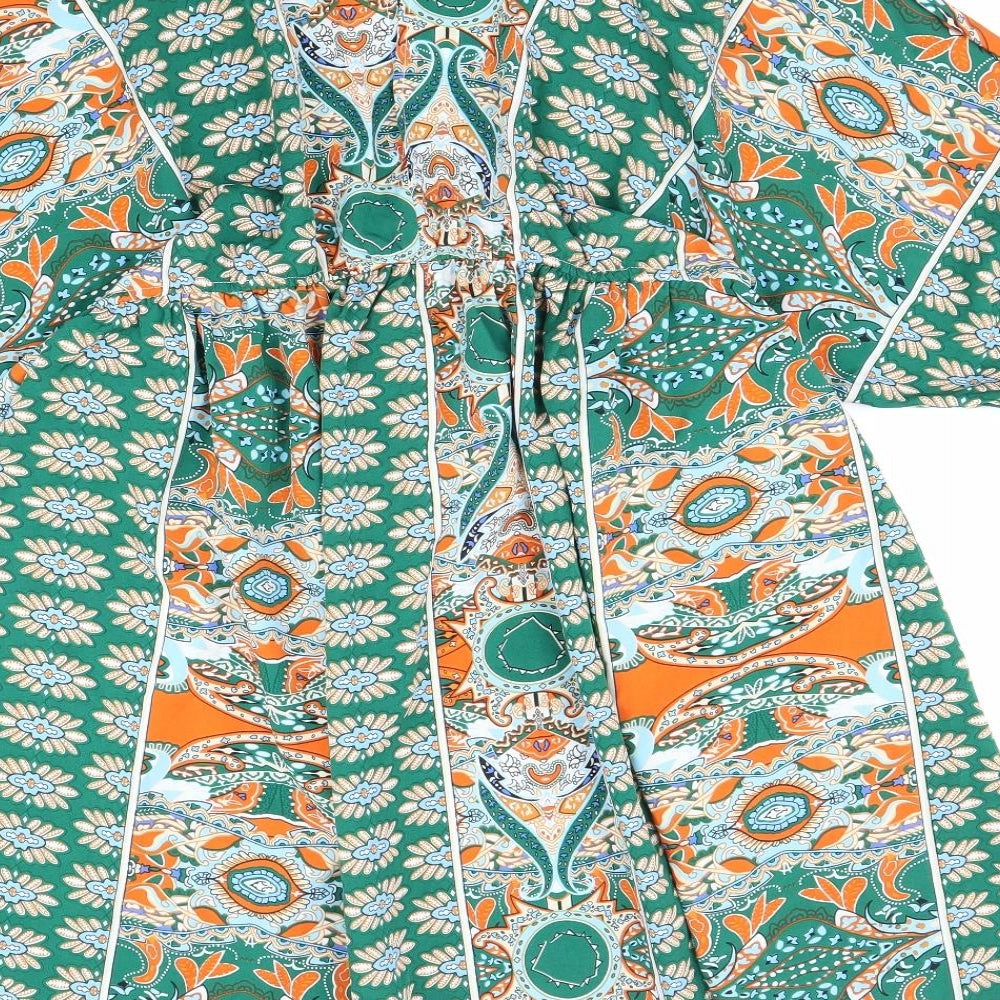 SheIn Womens Green Geometric Polyester Fit & Flare Size L V-Neck Pullover