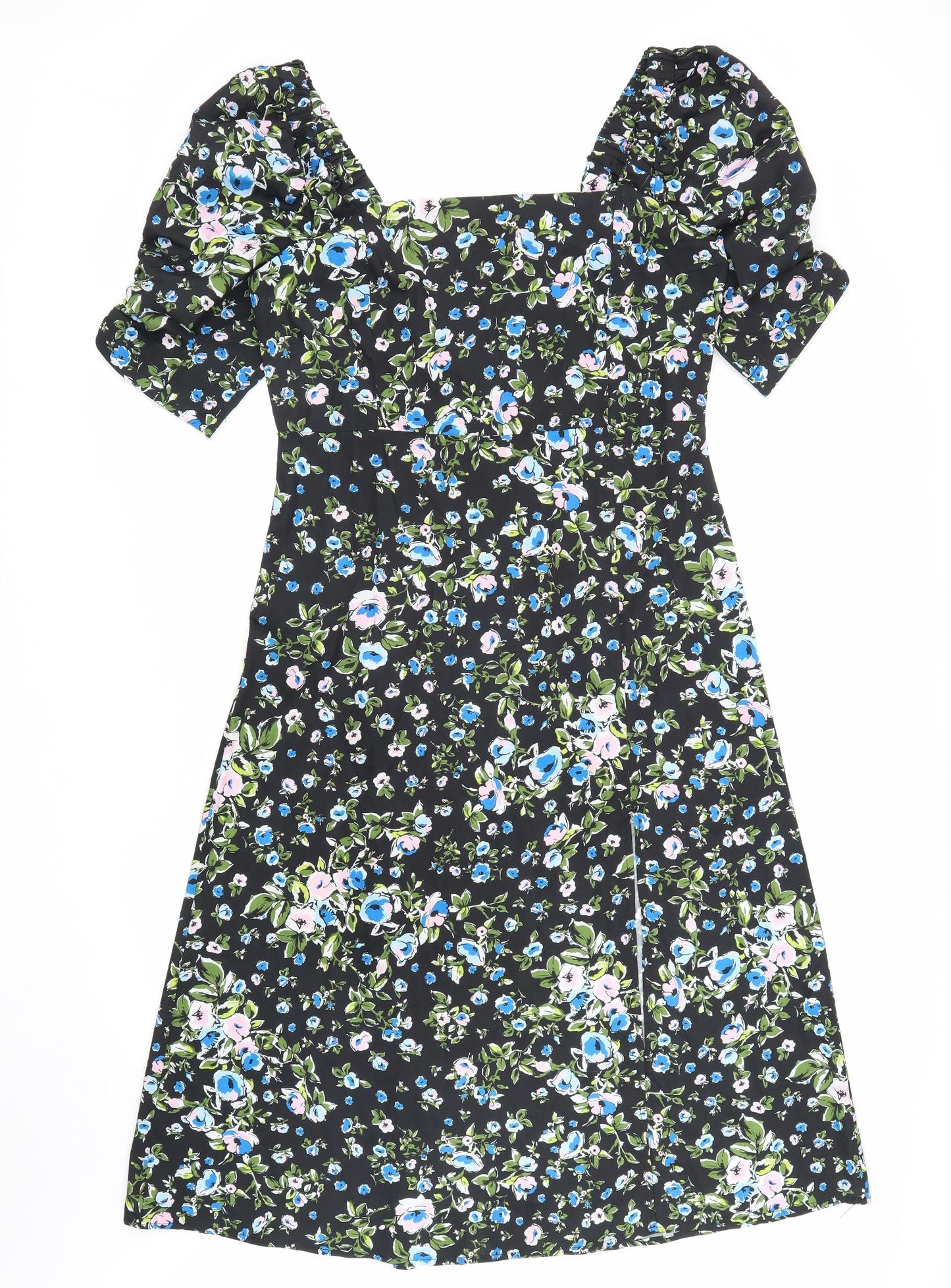 BBWM Woman Womens Black Floral Viscose A-Line Size L Square Neck Pullover