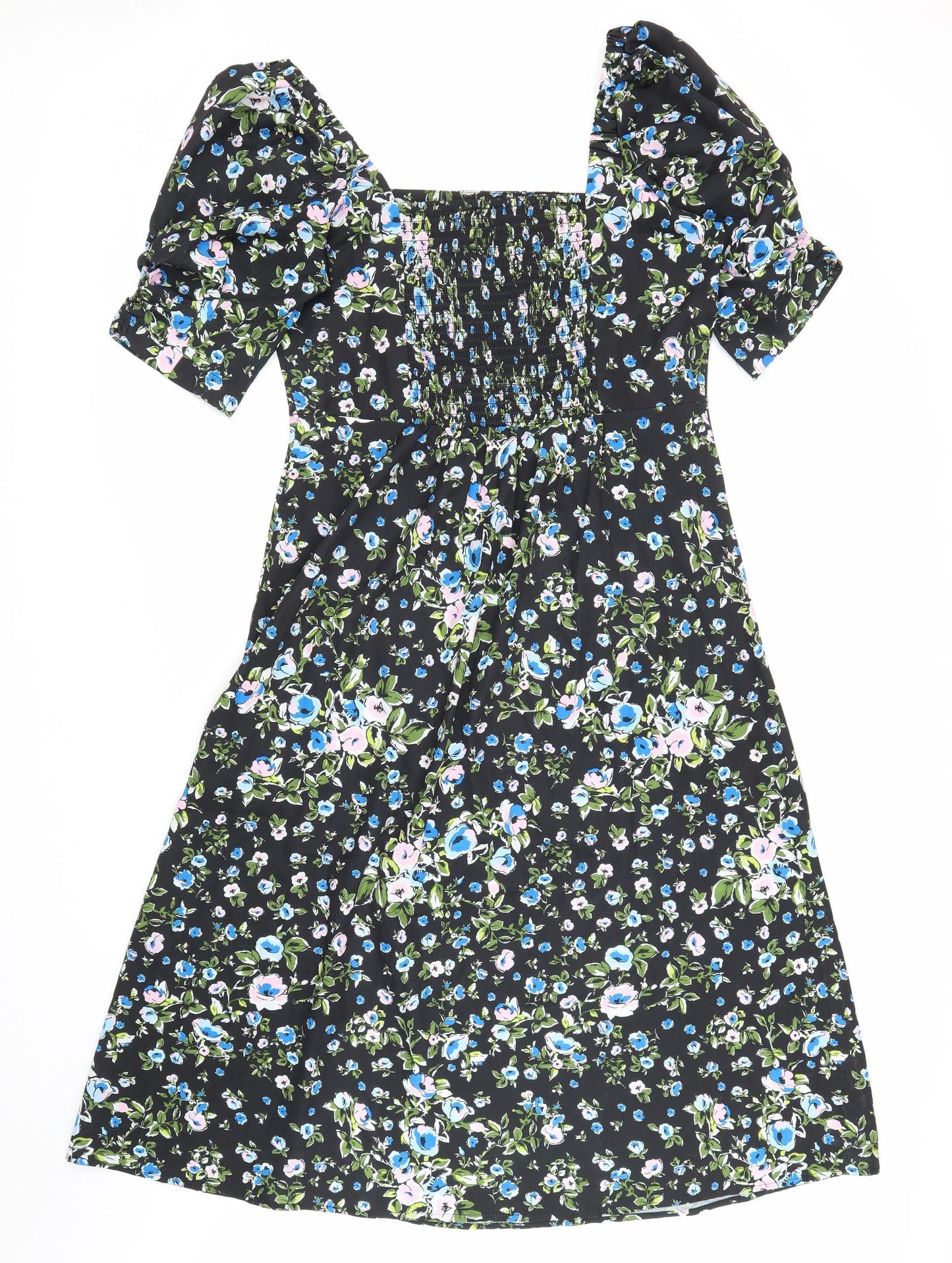 BBWM Woman Womens Black Floral Viscose A-Line Size L Square Neck Pullover