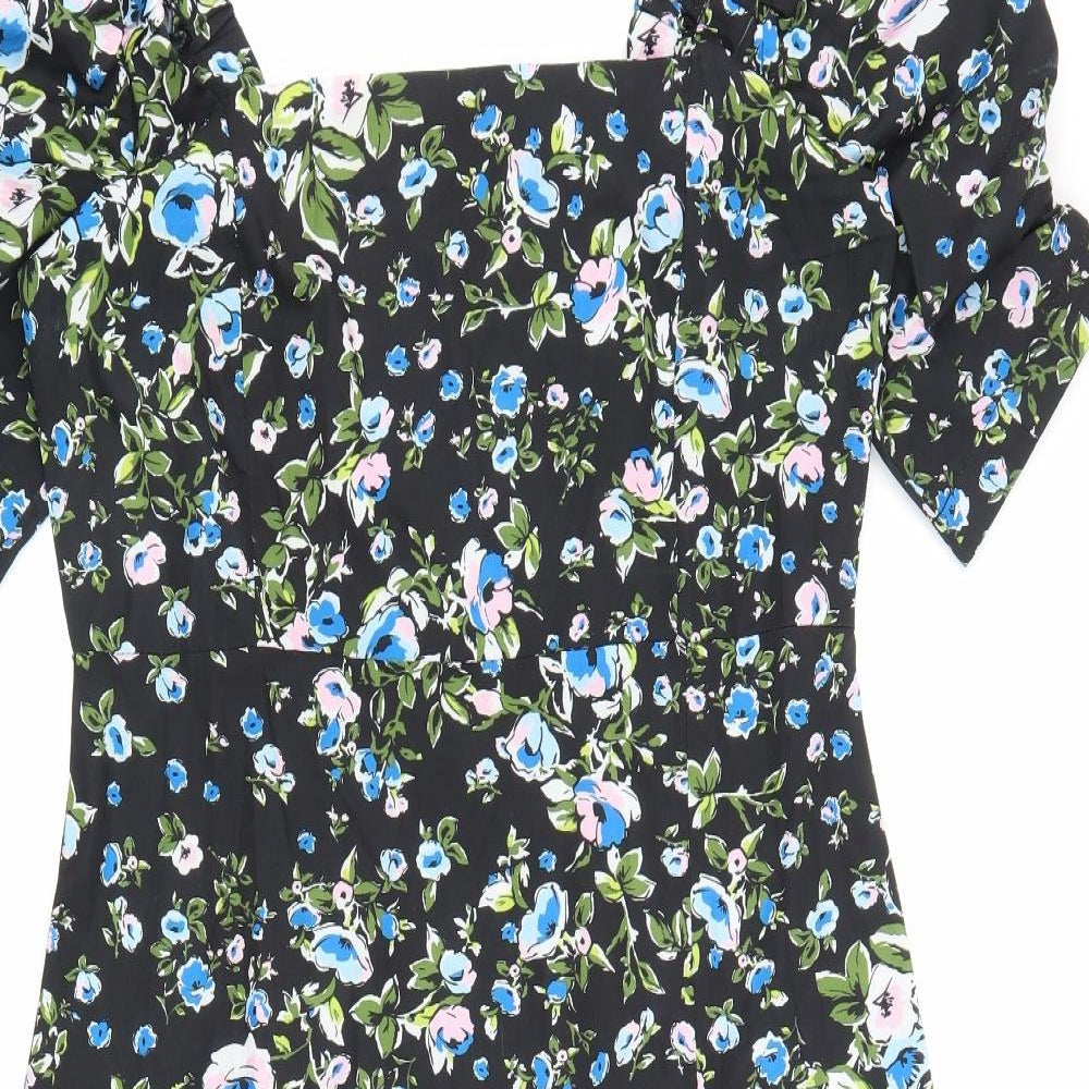 BBWM Woman Womens Black Floral Viscose A-Line Size L Square Neck Pullover