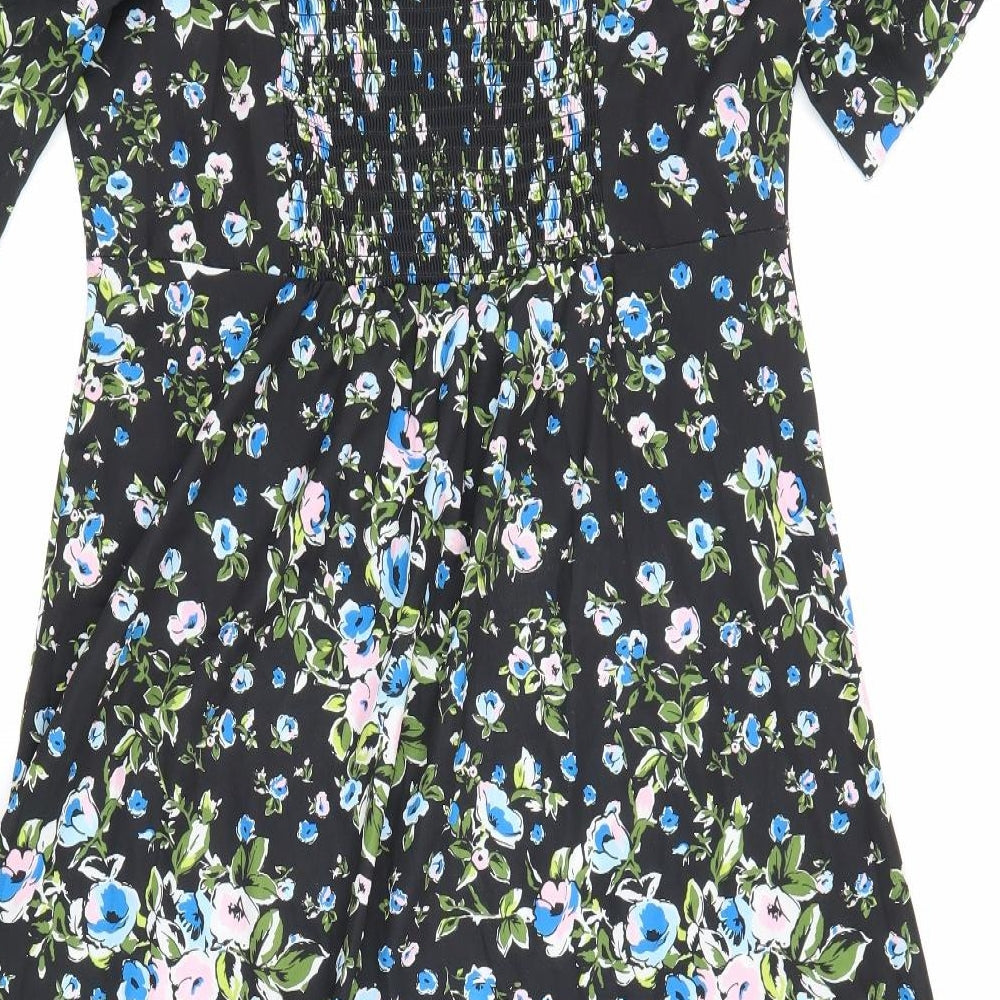 BBWM Woman Womens Black Floral Viscose A-Line Size L Square Neck Pullover